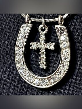 Silver Horseshoe Pendant Necklace with Cross Charm - Women Jewelry